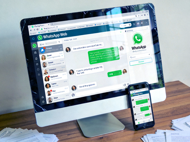 桌上型電腦與手機同時顯示WhatsApp網頁版聊天介面